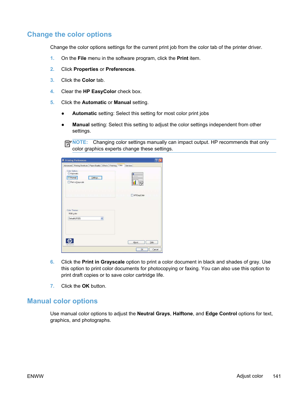 Change the color options, Manual color options, Change the color options manual color options | HP LaserJet Pro 300 Color MFP M375 User Manual | Page 157 / 344