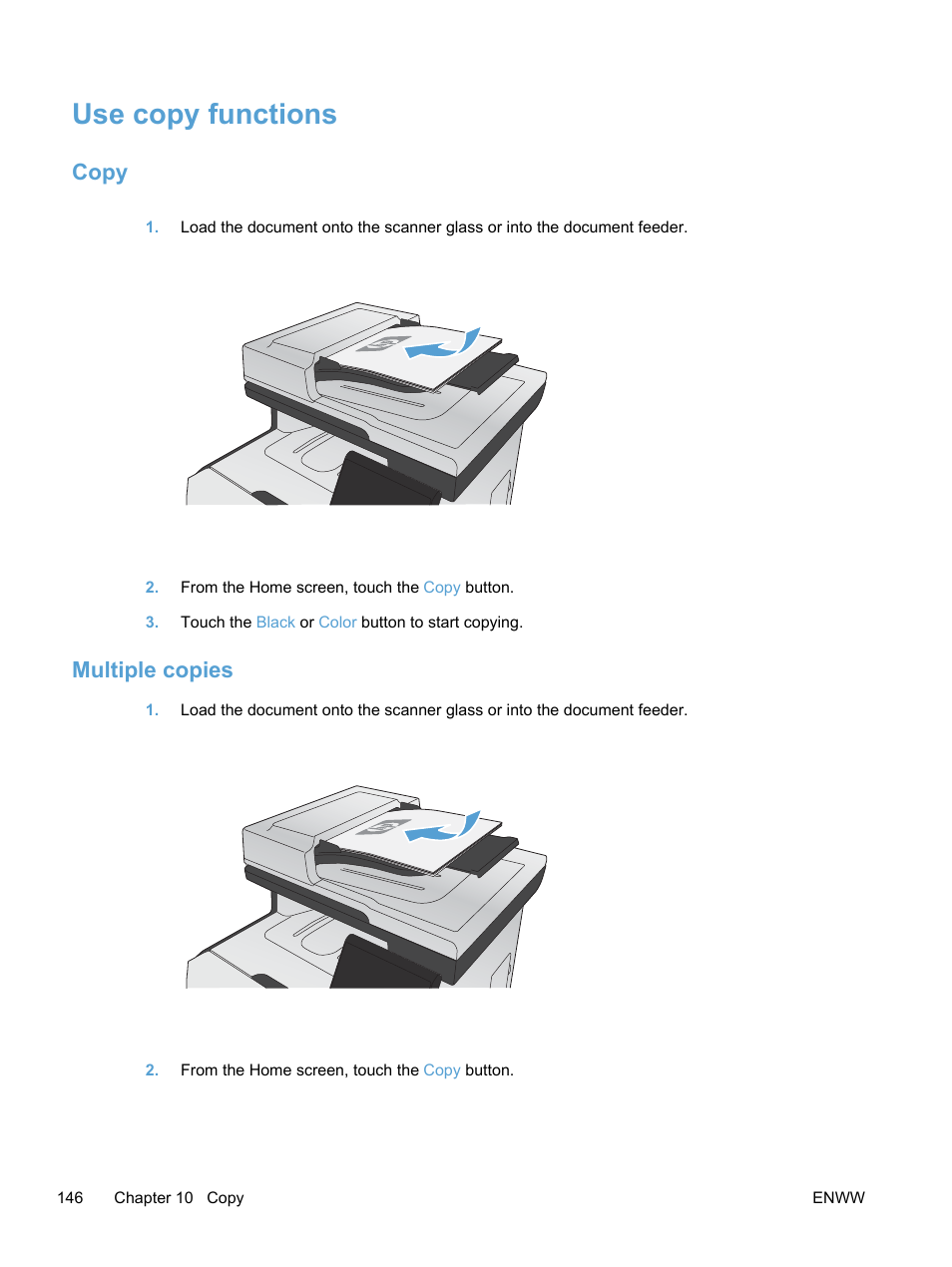 Use copy functions, Copy, Multiple copies | Copy multiple copies | HP LaserJet Pro 300 Color MFP M375 User Manual | Page 162 / 344