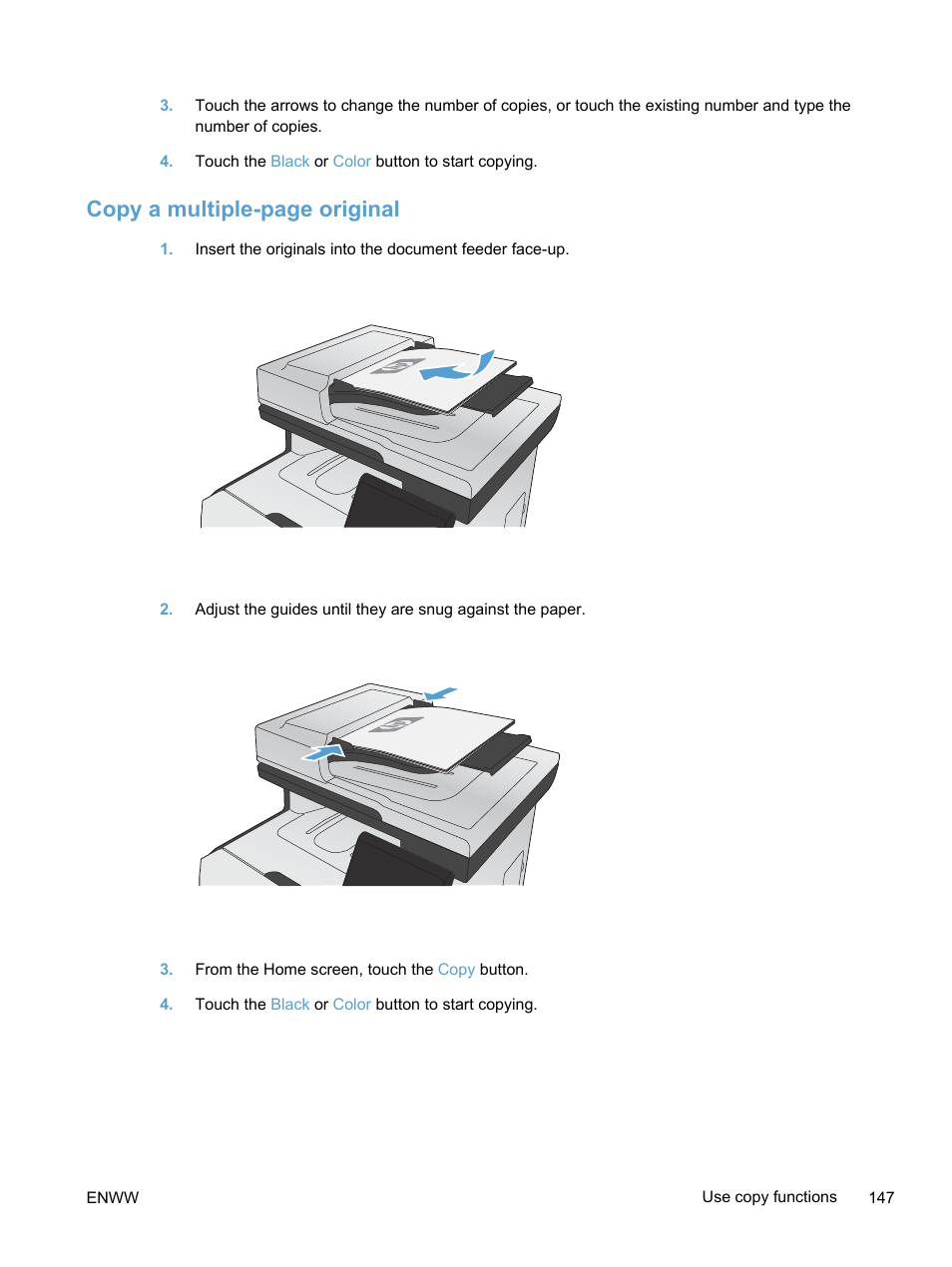 Copy a multiple-page original | HP LaserJet Pro 300 Color MFP M375 User Manual | Page 163 / 344