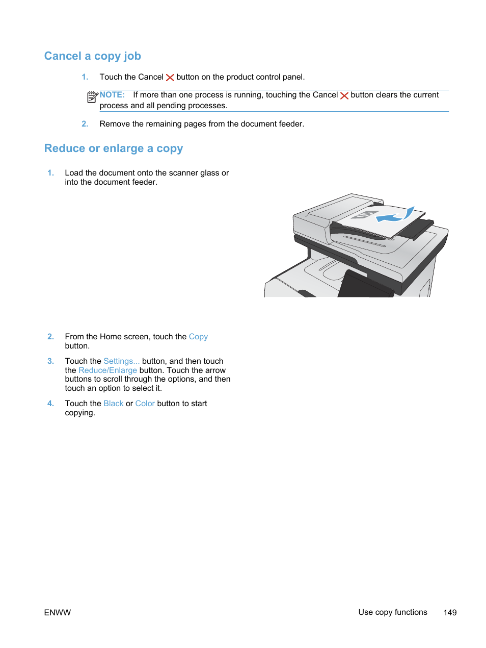 Cancel a copy job, Reduce or enlarge a copy, Cancel a copy job reduce or enlarge a copy | HP LaserJet Pro 300 Color MFP M375 User Manual | Page 165 / 344