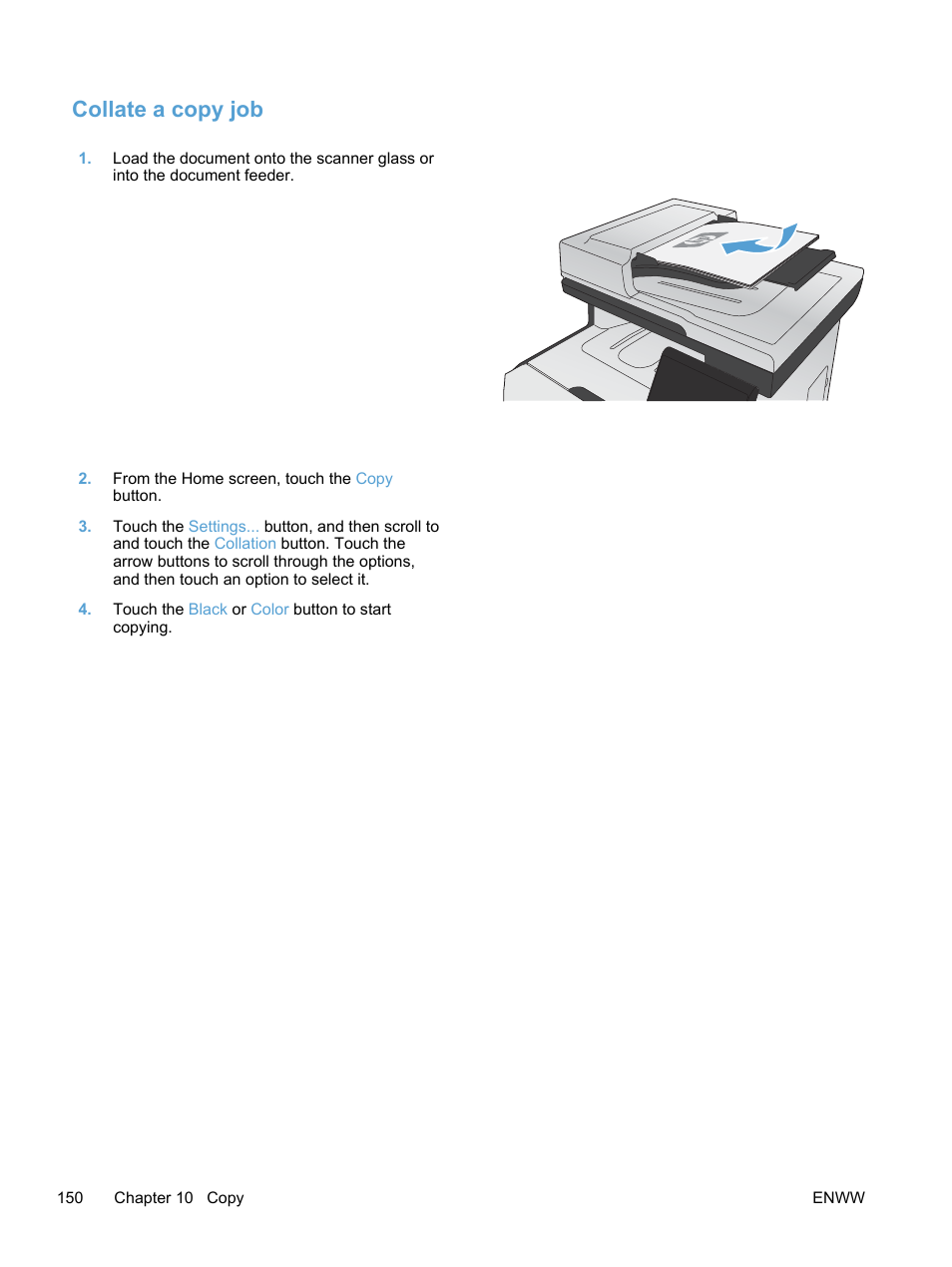 Collate a copy job | HP LaserJet Pro 300 Color MFP M375 User Manual | Page 166 / 344