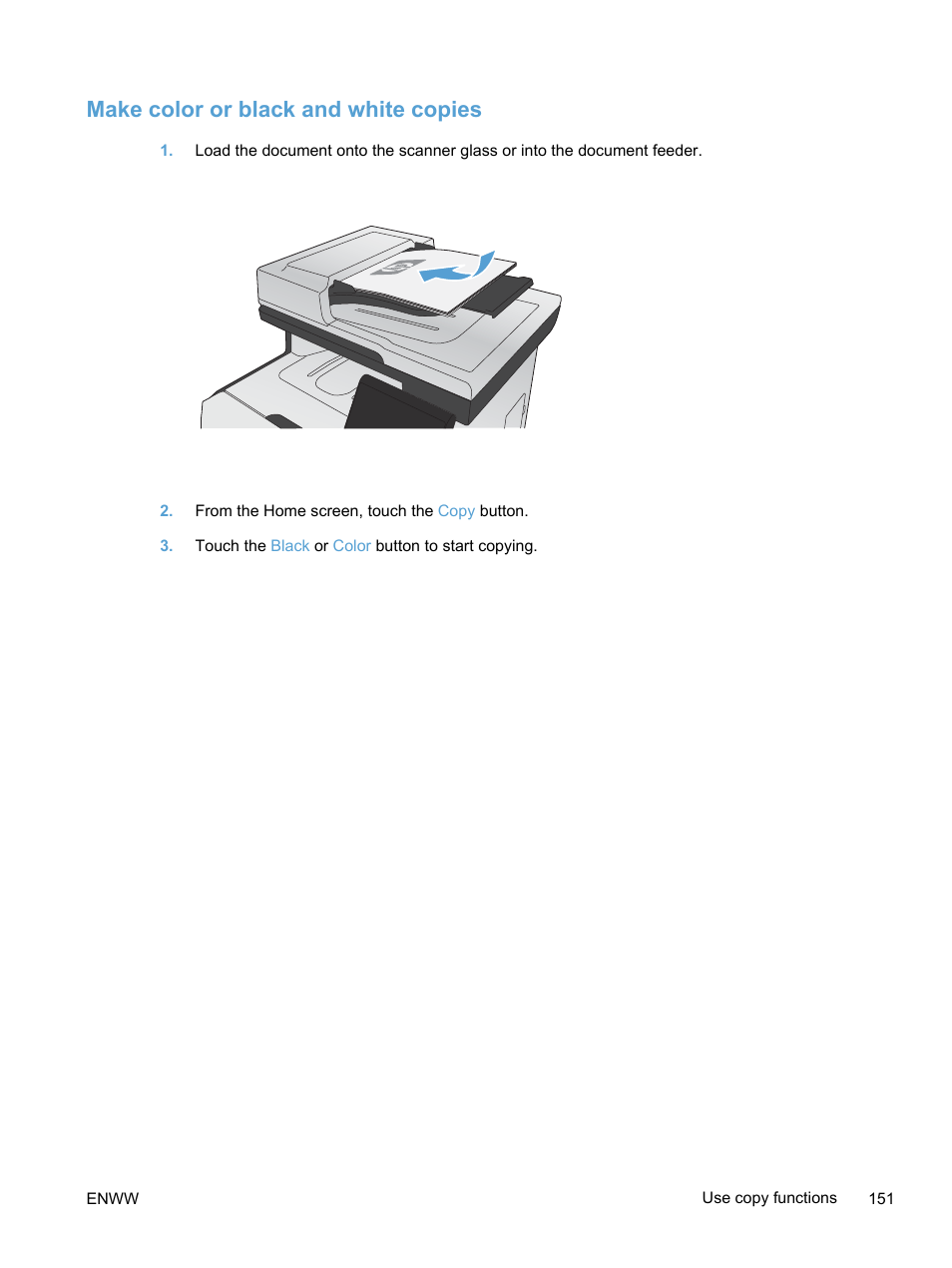 Make color or black and white copies | HP LaserJet Pro 300 Color MFP M375 User Manual | Page 167 / 344