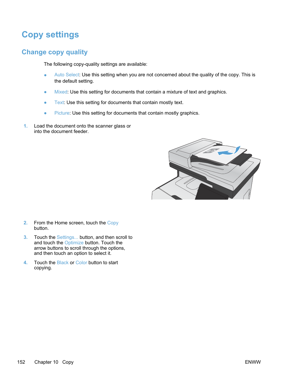 Copy settings, Change copy quality | HP LaserJet Pro 300 Color MFP M375 User Manual | Page 168 / 344