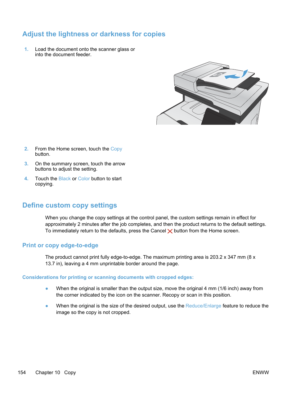 Adjust the lightness or darkness for copies, Define custom copy settings, Print or copy edge-to-edge | HP LaserJet Pro 300 Color MFP M375 User Manual | Page 170 / 344