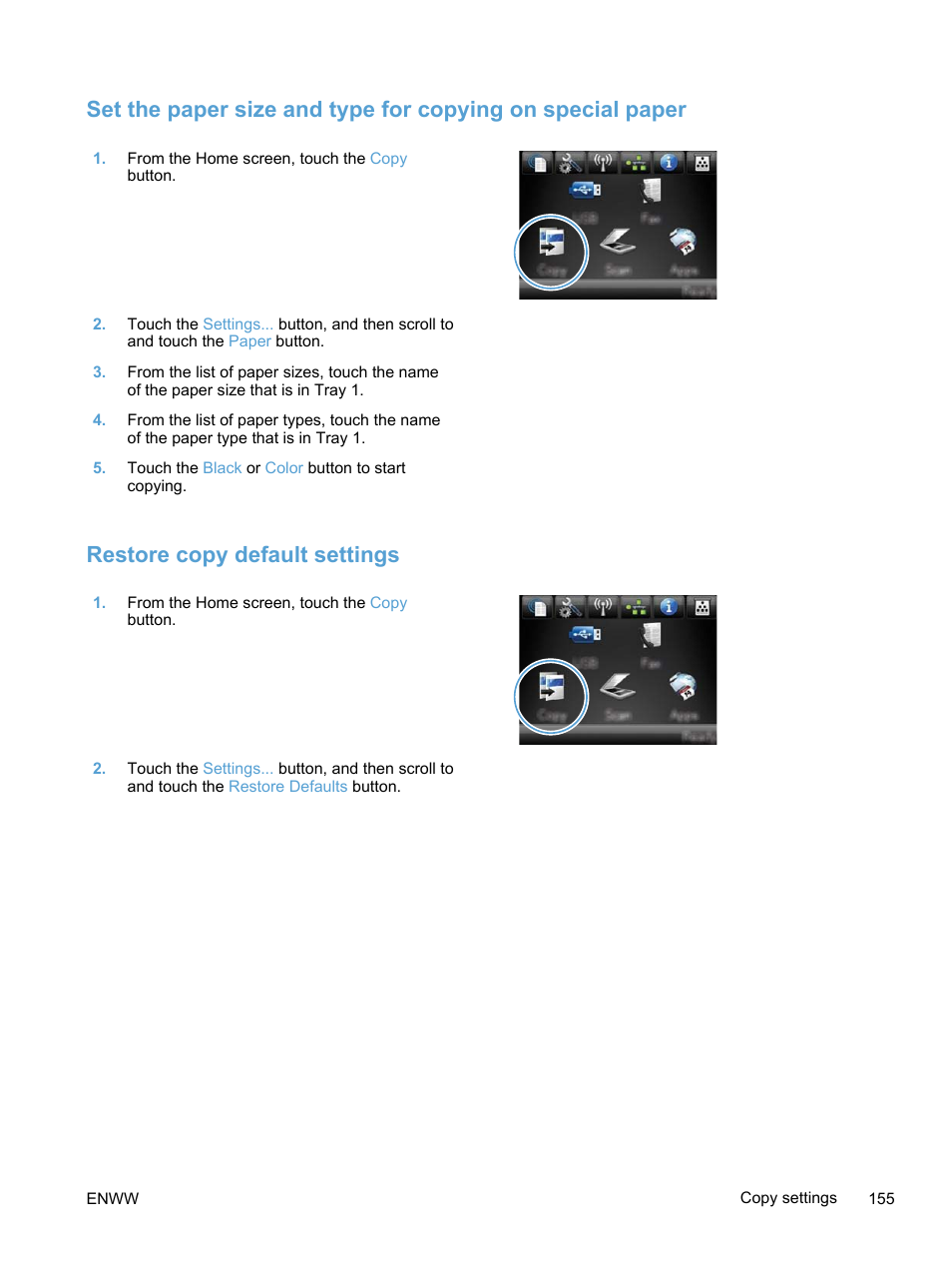 Restore copy default settings | HP LaserJet Pro 300 Color MFP M375 User Manual | Page 171 / 344