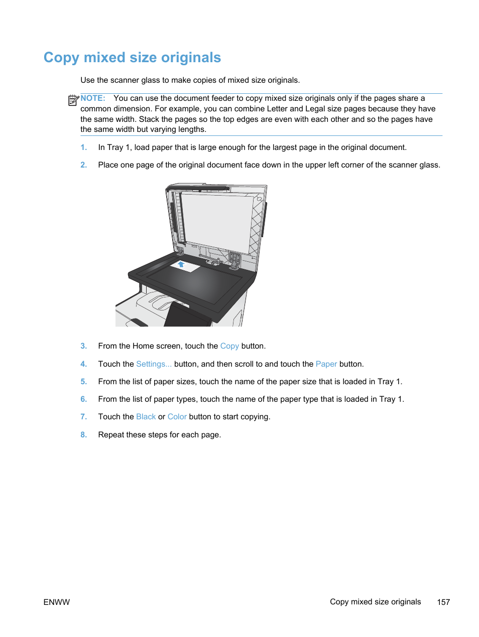 Copy mixed size originals | HP LaserJet Pro 300 Color MFP M375 User Manual | Page 173 / 344