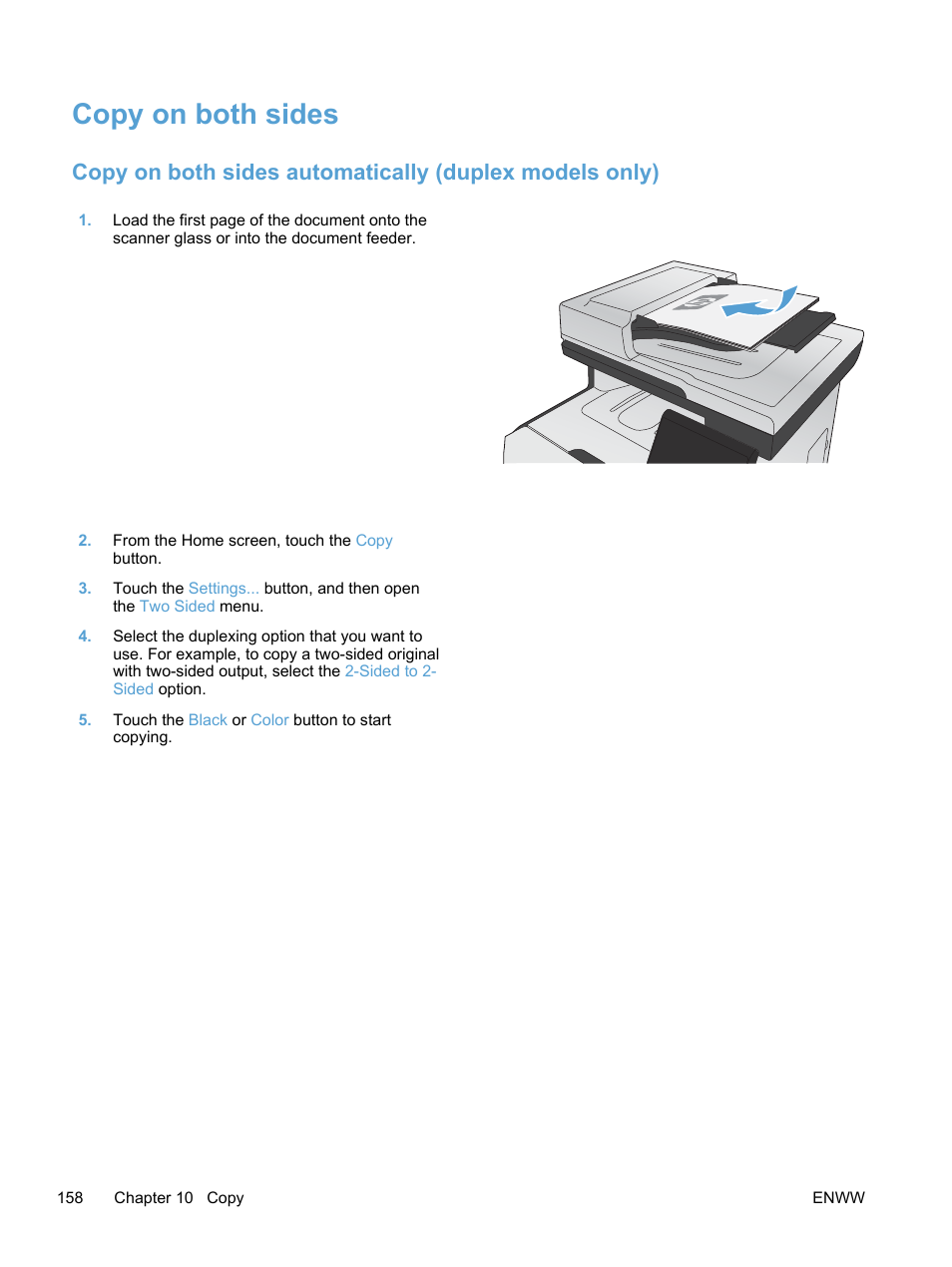 Copy on both sides | HP LaserJet Pro 300 Color MFP M375 User Manual | Page 174 / 344