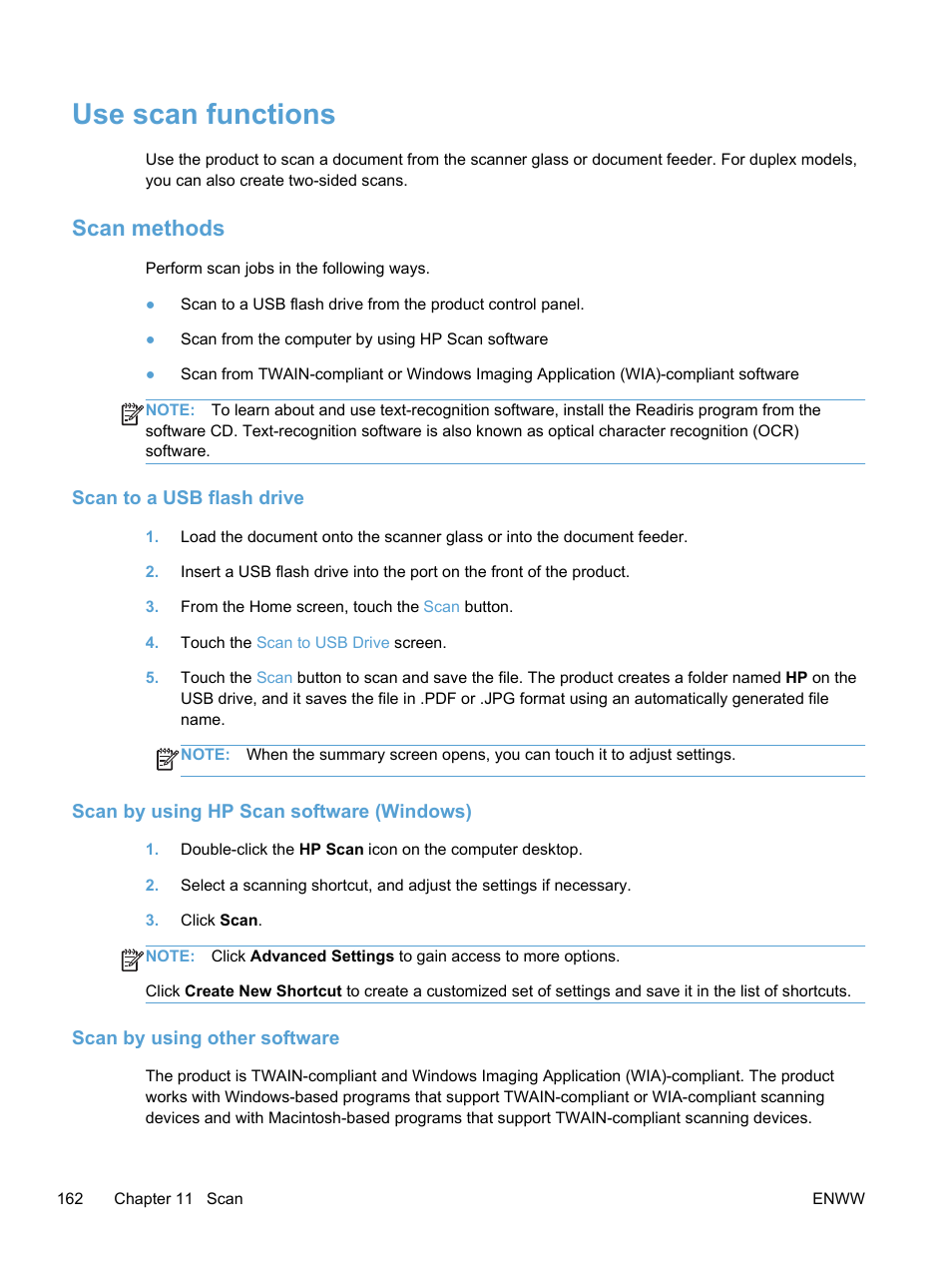 Use scan functions, Scan methods, Scan to a usb flash drive | Scan by using hp scan software (windows), Scan by using other software | HP LaserJet Pro 300 Color MFP M375 User Manual | Page 178 / 344