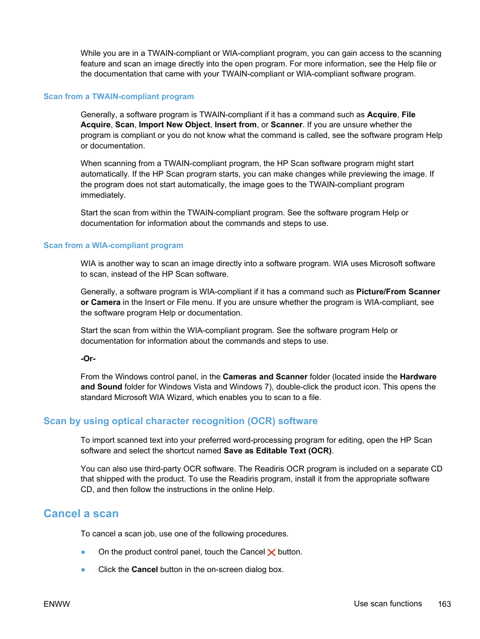 Scan from a twain-compliant program, Scan from a wia-compliant program, Cancel a scan | HP LaserJet Pro 300 Color MFP M375 User Manual | Page 179 / 344