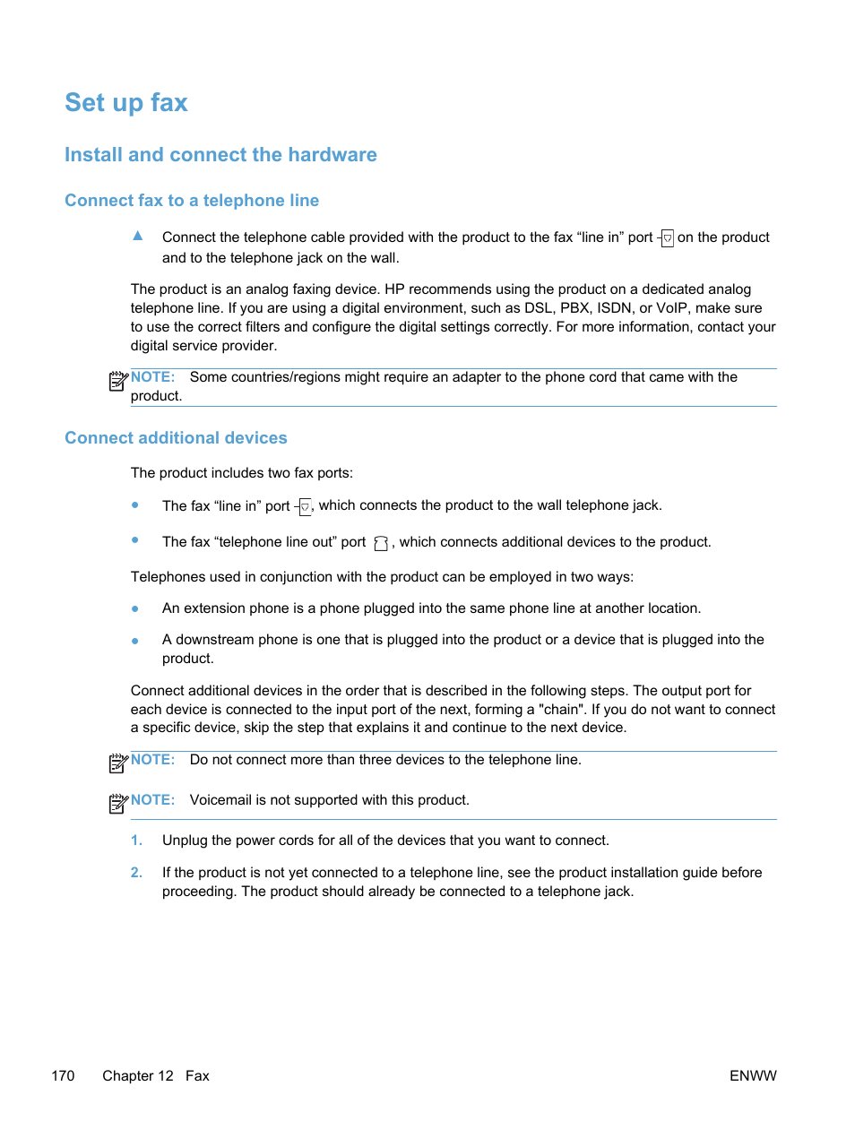 Set up fax, Install and connect the hardware, Connect fax to a telephone line | Connect additional devices | HP LaserJet Pro 300 Color MFP M375 User Manual | Page 186 / 344