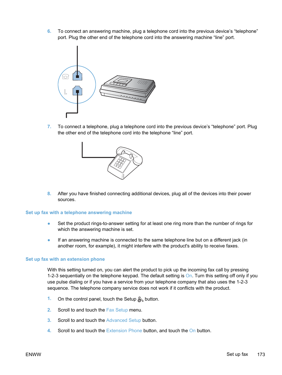 Set up fax with a telephone answering machine, Set up fax with an extension phone | HP LaserJet Pro 300 Color MFP M375 User Manual | Page 189 / 344