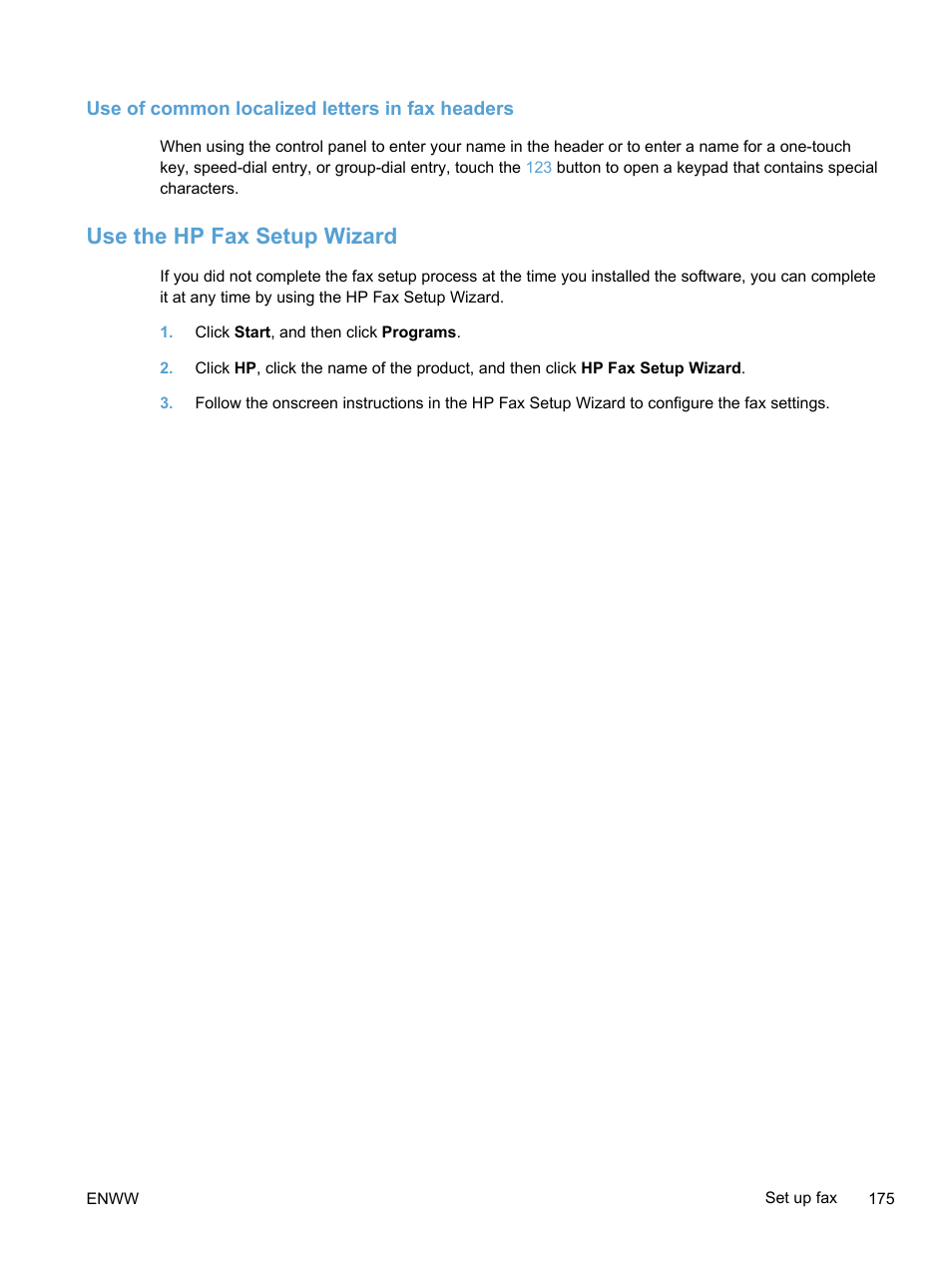 Use of common localized letters in fax headers, Use the hp fax setup wizard | HP LaserJet Pro 300 Color MFP M375 User Manual | Page 191 / 344