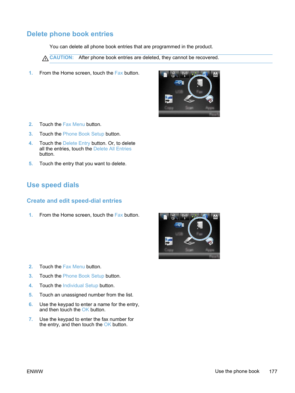 Delete phone book entries, Use speed dials, Create and edit speed-dial entries | Delete phone book entries use speed dials | HP LaserJet Pro 300 Color MFP M375 User Manual | Page 193 / 344