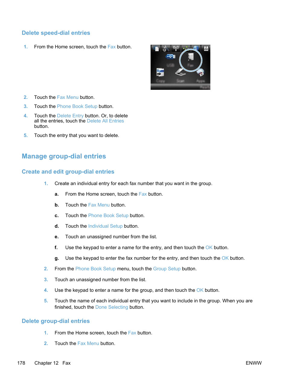 Delete speed-dial entries, Manage group-dial entries, Create and edit group-dial entries | Delete group-dial entries | HP LaserJet Pro 300 Color MFP M375 User Manual | Page 194 / 344