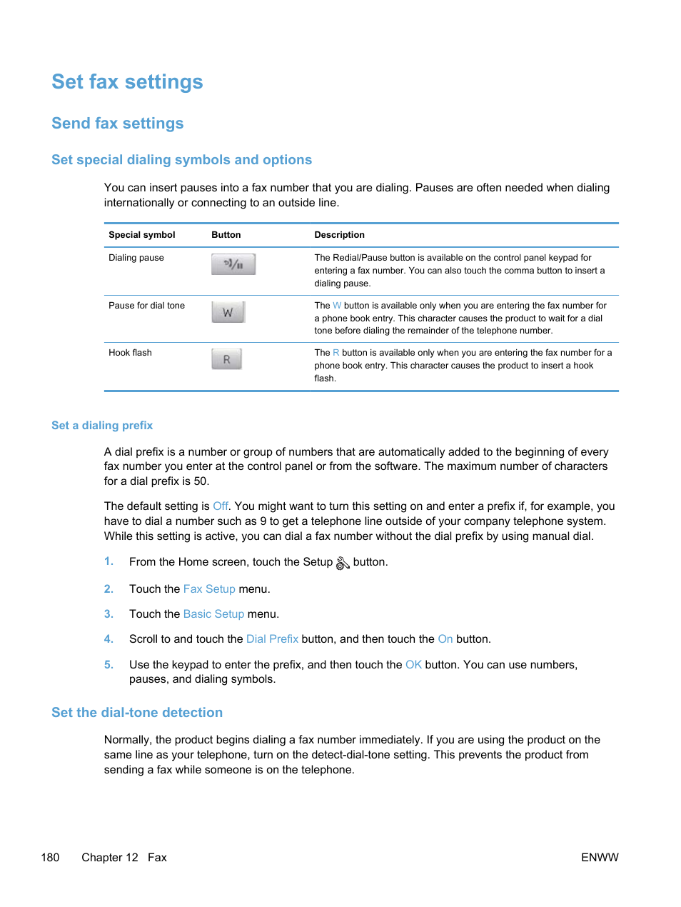 Set fax settings, Send fax settings, Set special dialing symbols and options | Set a dialing prefix, Set the dial-tone detection | HP LaserJet Pro 300 Color MFP M375 User Manual | Page 196 / 344