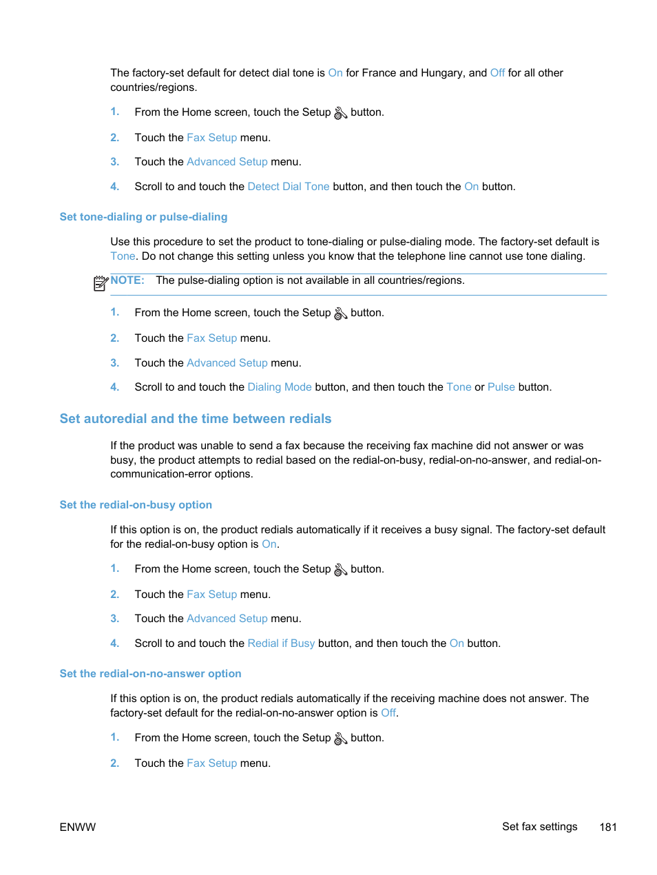 Set tone-dialing or pulse-dialing, Set autoredial and the time between redials | HP LaserJet Pro 300 Color MFP M375 User Manual | Page 197 / 344