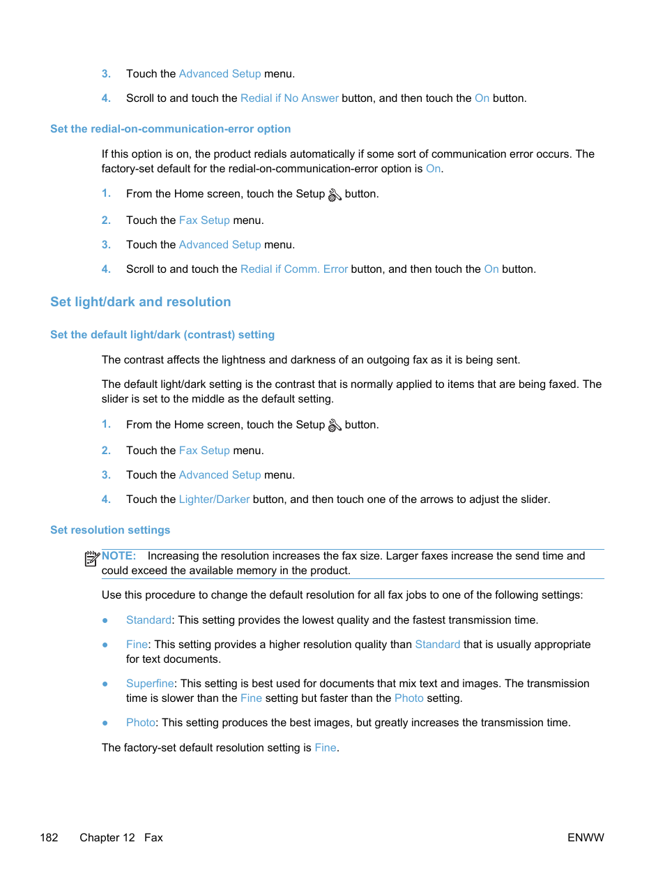 Set light/dark and resolution, Set the default light/dark (contrast) setting, Set resolution settings | HP LaserJet Pro 300 Color MFP M375 User Manual | Page 198 / 344