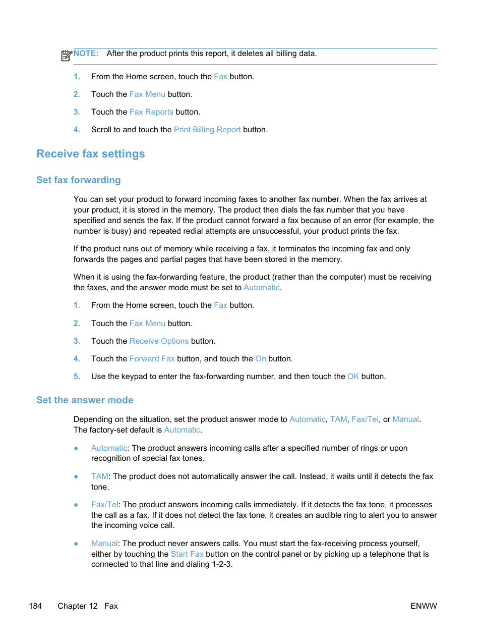 Receive fax settings, Set fax forwarding, Set the answer mode | HP LaserJet Pro 300 Color MFP M375 User Manual | Page 200 / 344