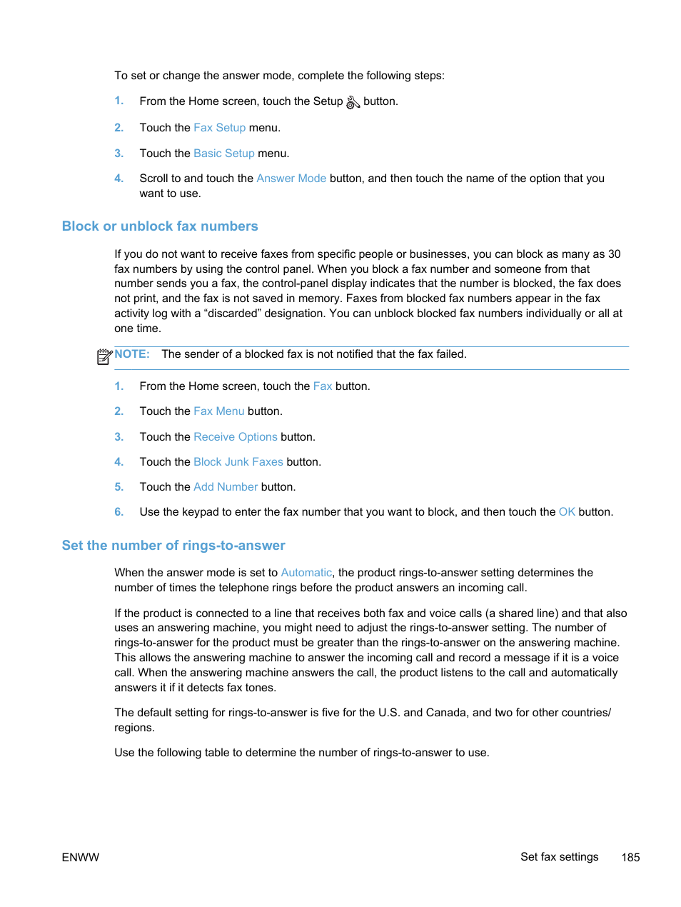 Block or unblock fax numbers, Set the number of rings-to-answer | HP LaserJet Pro 300 Color MFP M375 User Manual | Page 201 / 344