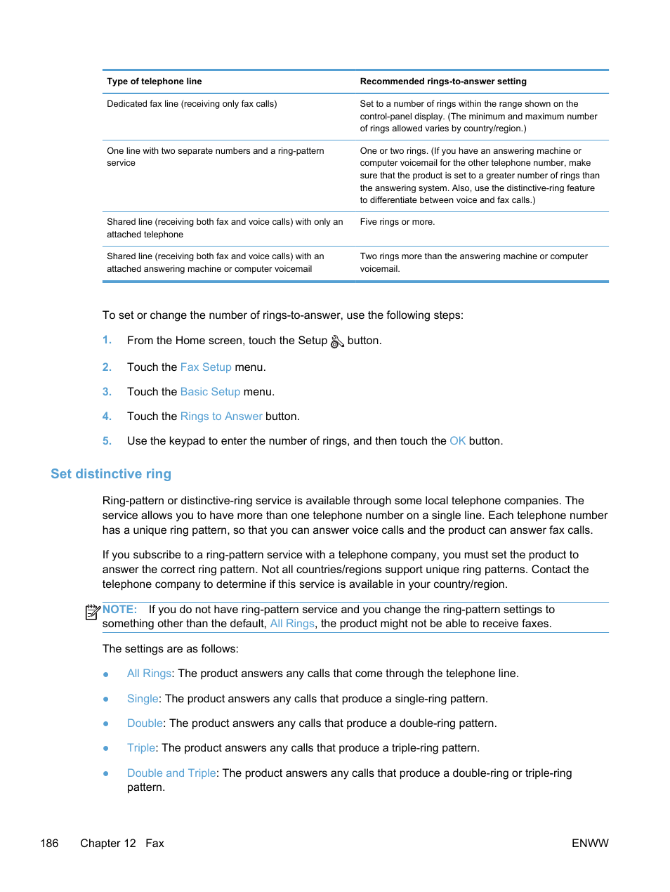 Set distinctive ring | HP LaserJet Pro 300 Color MFP M375 User Manual | Page 202 / 344