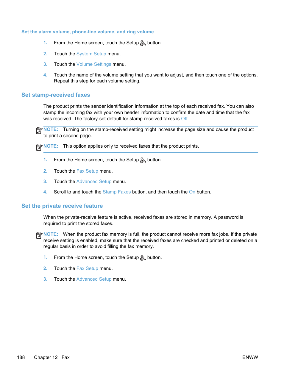 Set stamp-received faxes, Set the private receive feature | HP LaserJet Pro 300 Color MFP M375 User Manual | Page 204 / 344