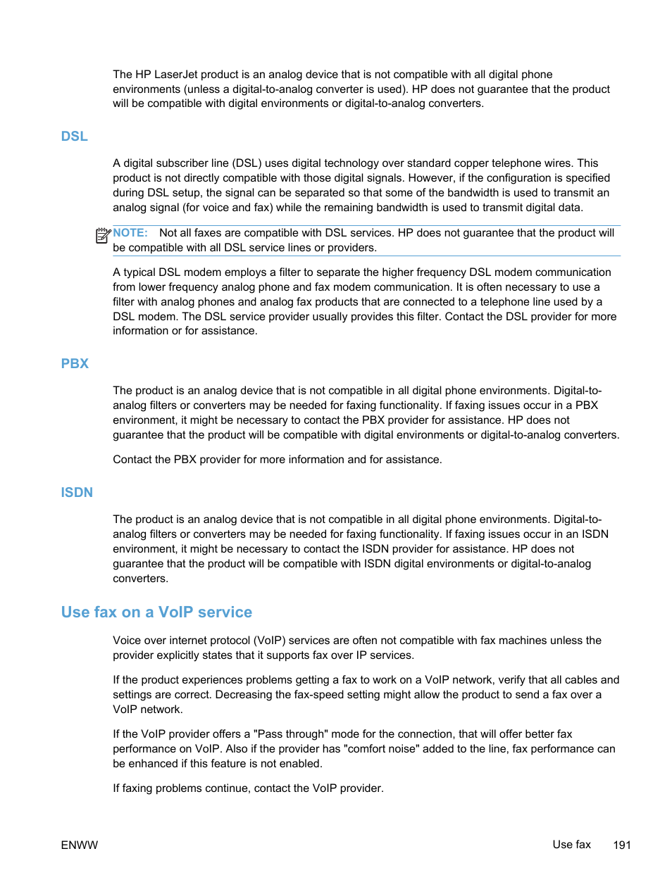 Isdn, Use fax on a voip service | HP LaserJet Pro 300 Color MFP M375 User Manual | Page 207 / 344