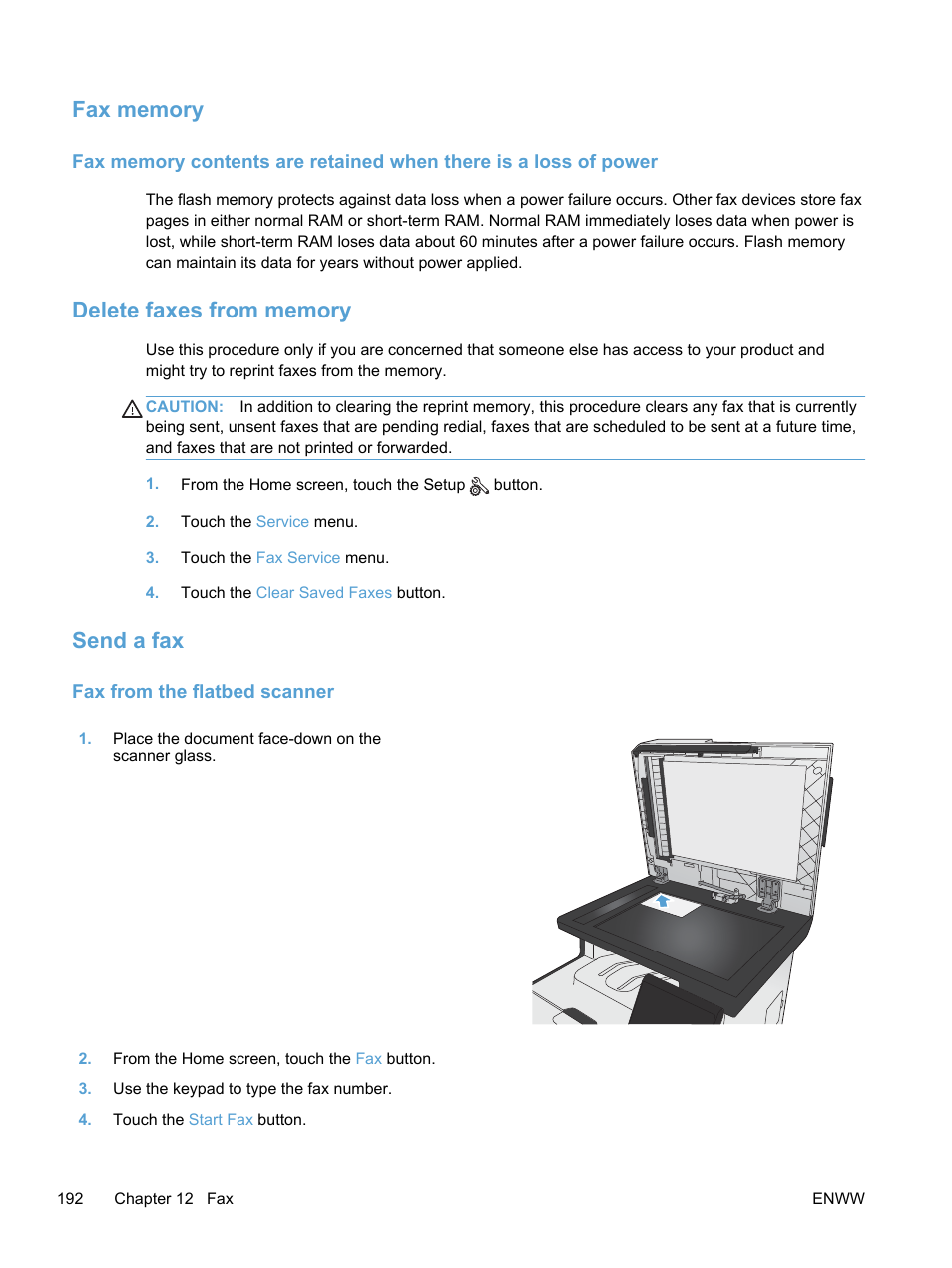 Fax memory, Delete faxes from memory, Send a fax | Fax from the flatbed scanner, Fax memory delete faxes from memory | HP LaserJet Pro 300 Color MFP M375 User Manual | Page 208 / 344