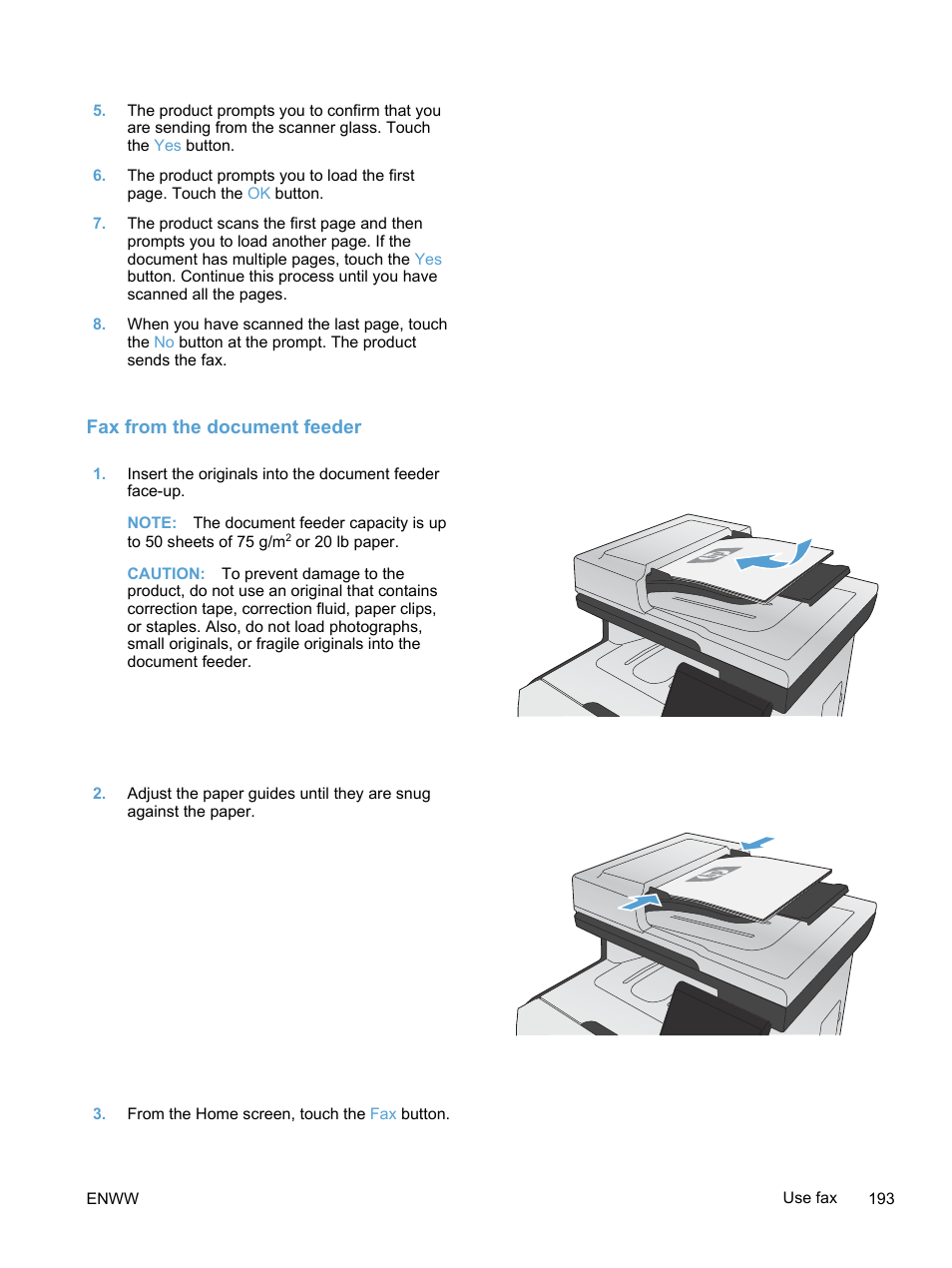 Fax from the document feeder | HP LaserJet Pro 300 Color MFP M375 User Manual | Page 209 / 344