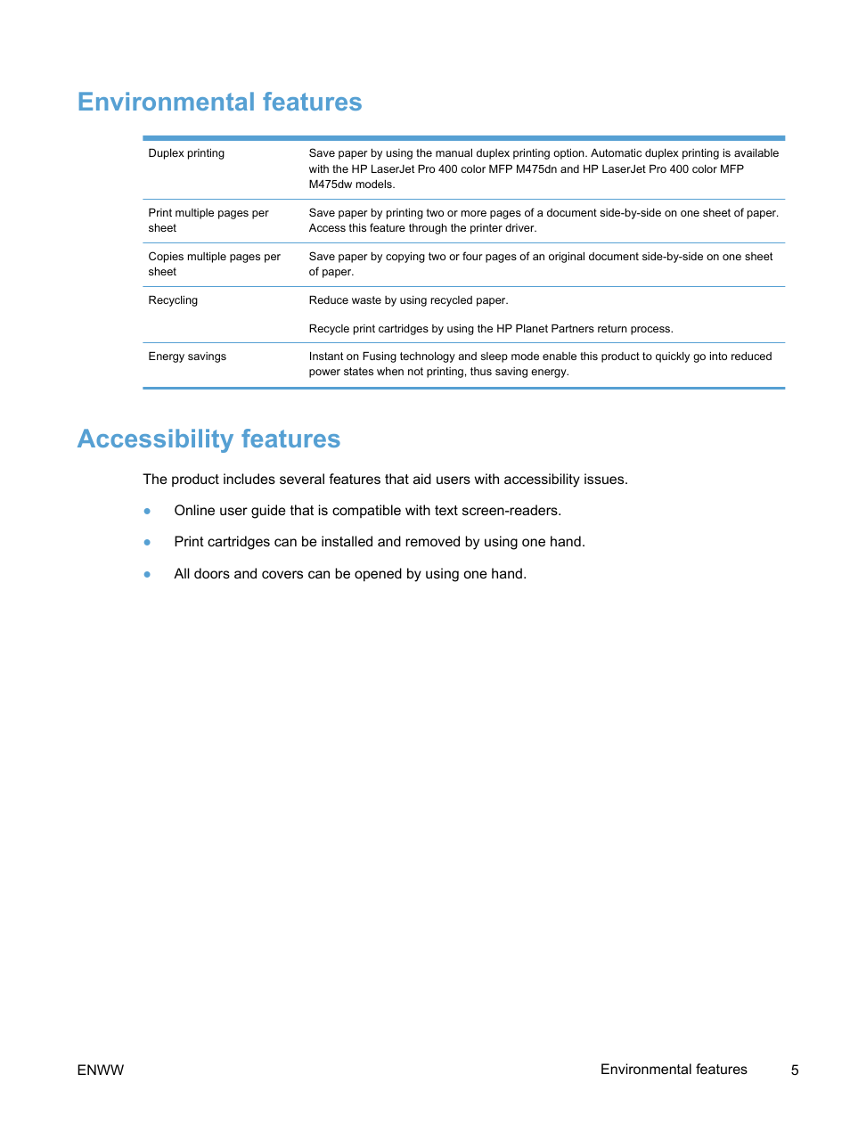 Environmental features, Accessibility features, Environmental features accessibility features | HP LaserJet Pro 300 Color MFP M375 User Manual | Page 21 / 344