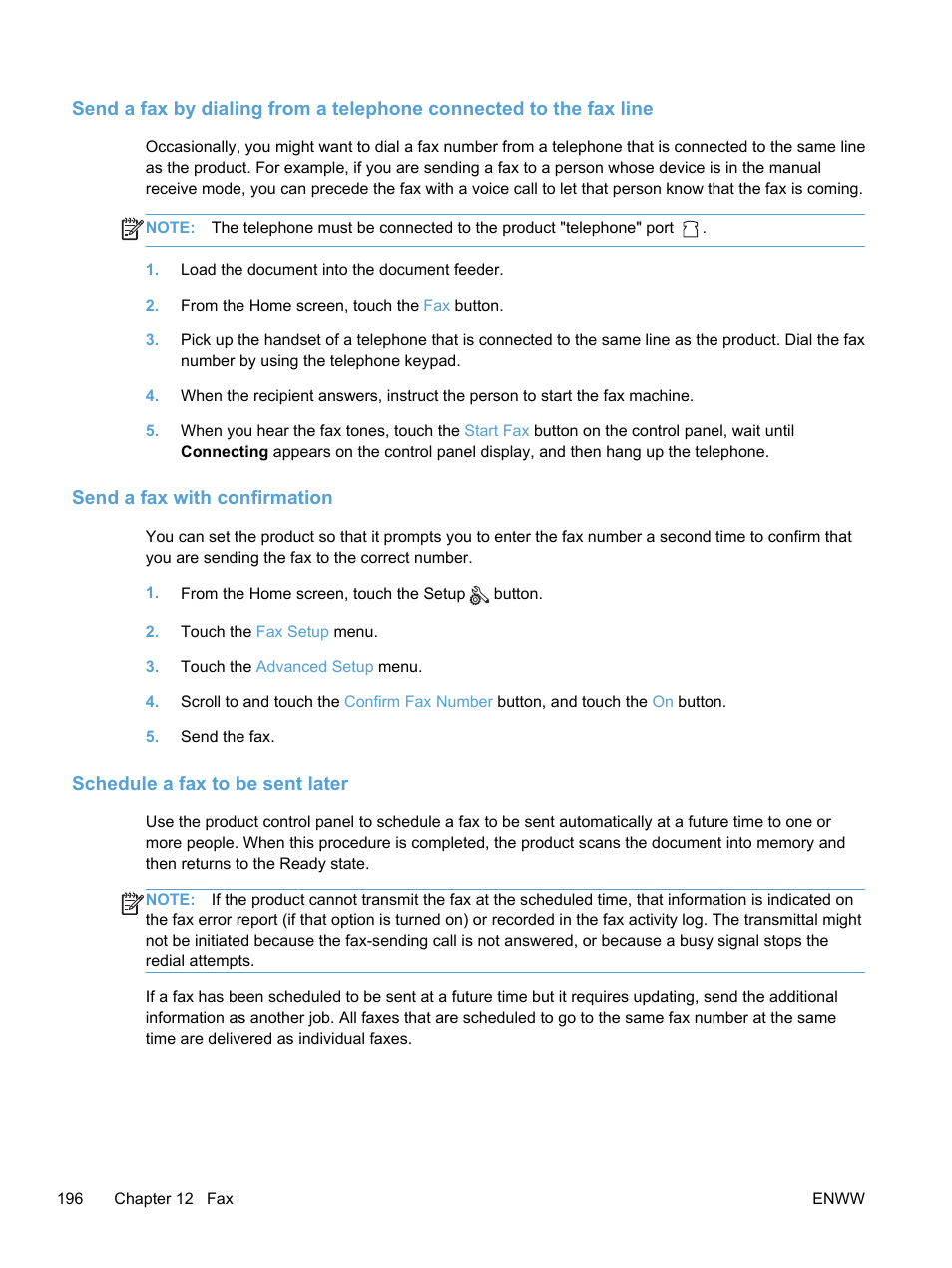 Send a fax with confirmation, Schedule a fax to be sent later | HP LaserJet Pro 300 Color MFP M375 User Manual | Page 212 / 344