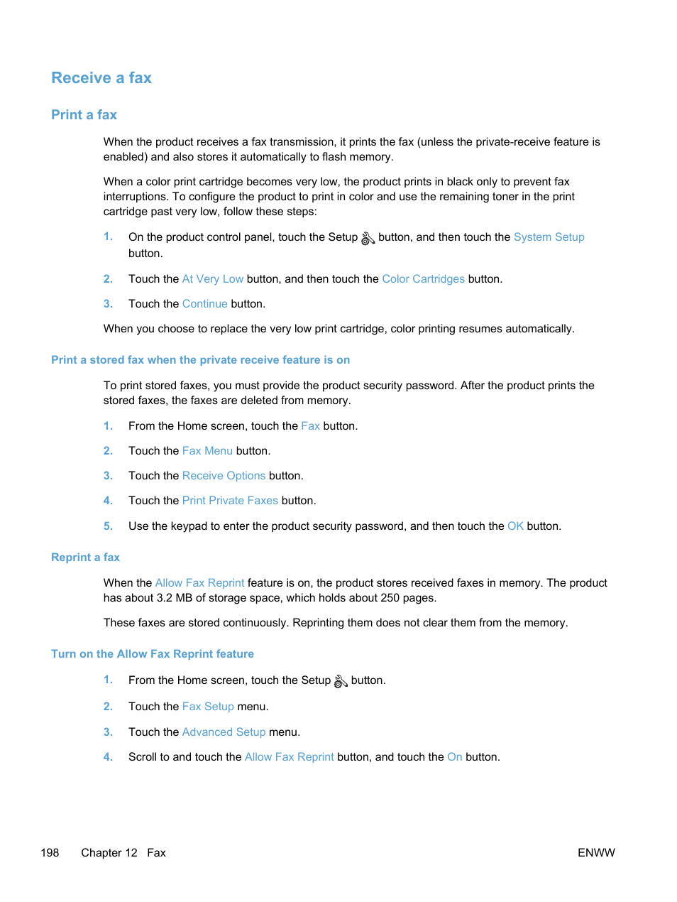 Receive a fax, Print a fax, Reprint a fax | HP LaserJet Pro 300 Color MFP M375 User Manual | Page 214 / 344