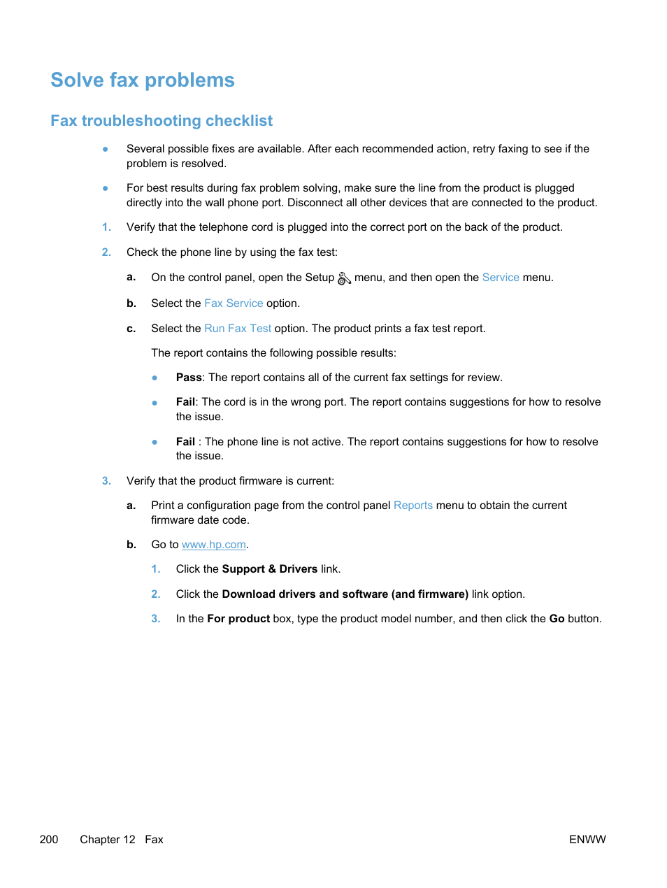 Solve fax problems, Fax troubleshooting checklist | HP LaserJet Pro 300 Color MFP M375 User Manual | Page 216 / 344