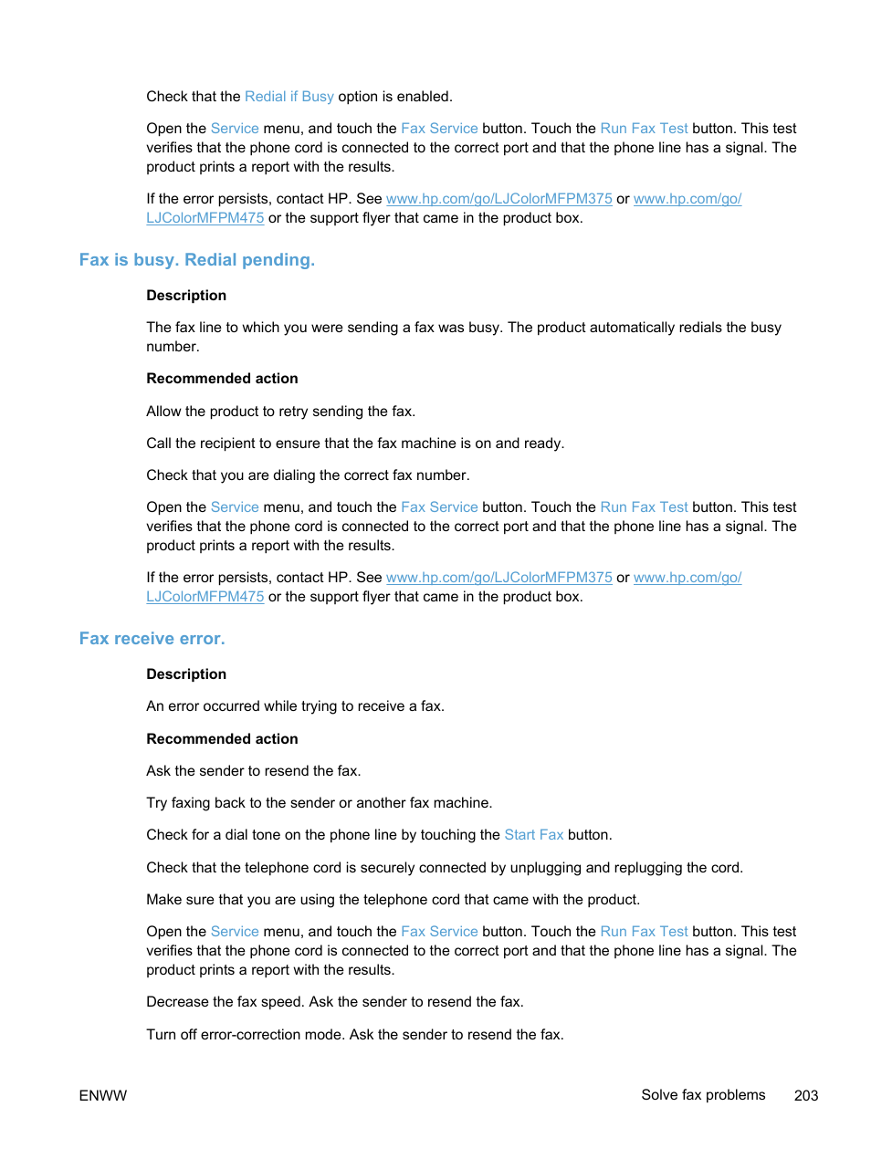 Fax is busy. redial pending, Fax receive error | HP LaserJet Pro 300 Color MFP M375 User Manual | Page 219 / 344