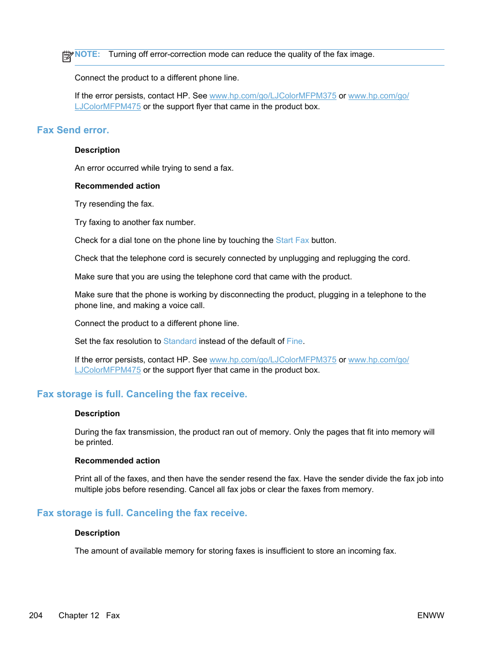 Fax send error, Fax storage is full. canceling the fax receive | HP LaserJet Pro 300 Color MFP M375 User Manual | Page 220 / 344