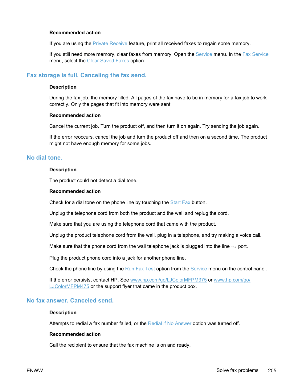 Fax storage is full. canceling the fax send, No dial tone, No fax answer. canceled send | HP LaserJet Pro 300 Color MFP M375 User Manual | Page 221 / 344