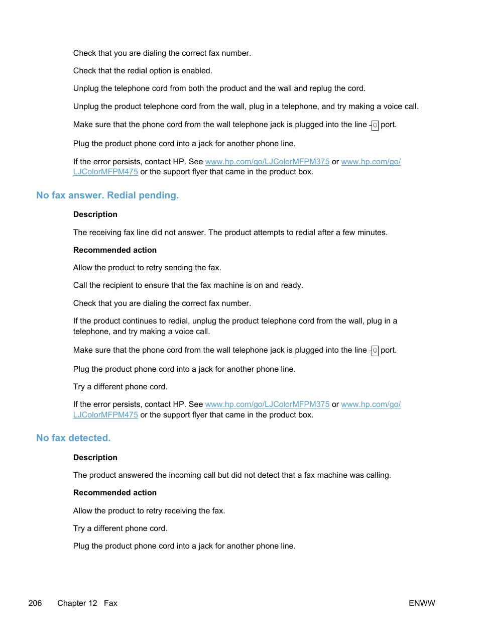 No fax answer. redial pending, No fax detected | HP LaserJet Pro 300 Color MFP M375 User Manual | Page 222 / 344