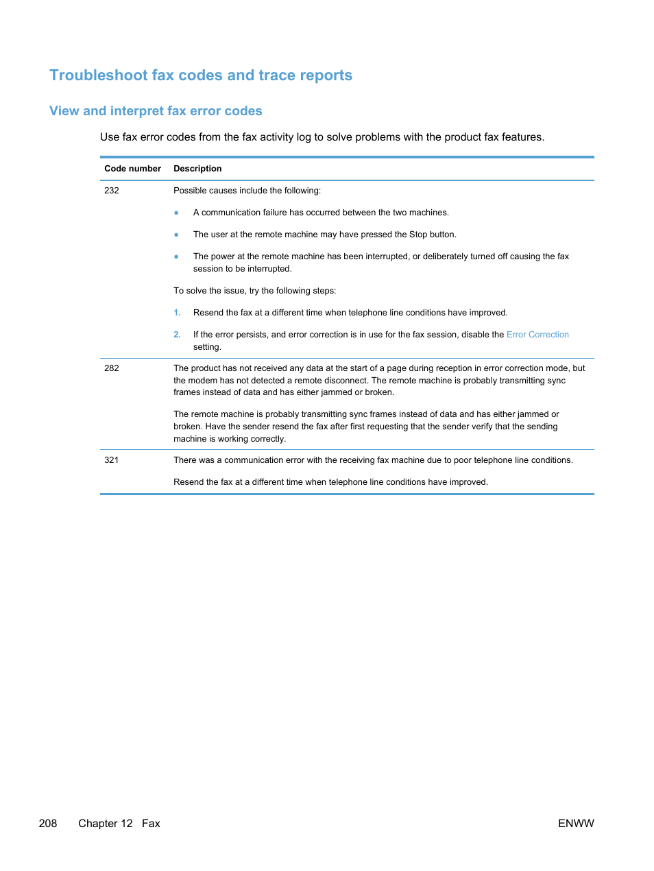 Troubleshoot fax codes and trace reports, View and interpret fax error codes | HP LaserJet Pro 300 Color MFP M375 User Manual | Page 224 / 344