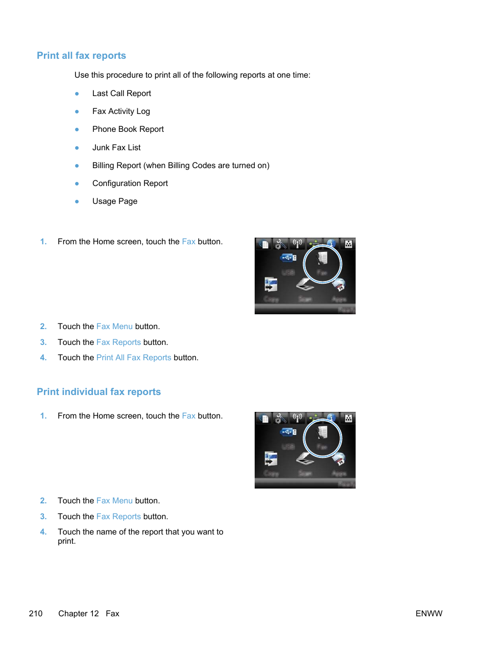 Print all fax reports, Print individual fax reports | HP LaserJet Pro 300 Color MFP M375 User Manual | Page 226 / 344