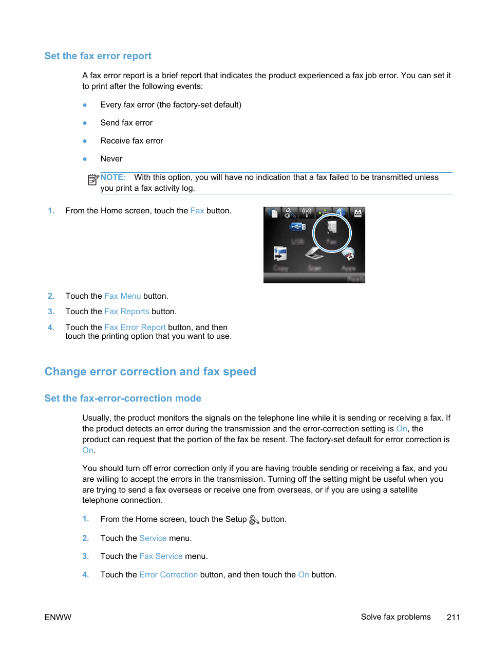 Set the fax error report, Change error correction and fax speed, Set the fax-error-correction mode | HP LaserJet Pro 300 Color MFP M375 User Manual | Page 227 / 344