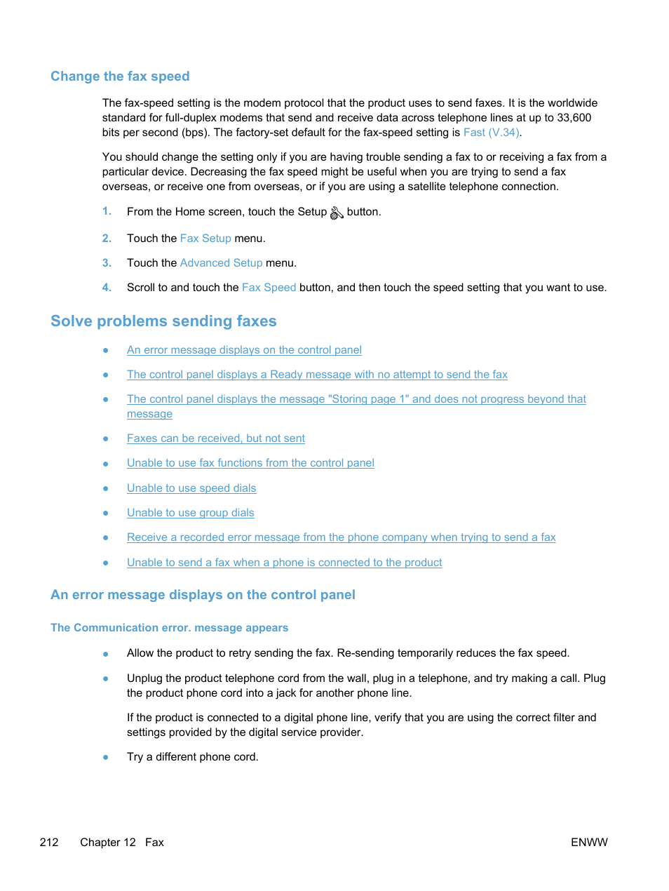 Change the fax speed, Solve problems sending faxes, An error message displays on the control panel | The communication error. message appears | HP LaserJet Pro 300 Color MFP M375 User Manual | Page 228 / 344