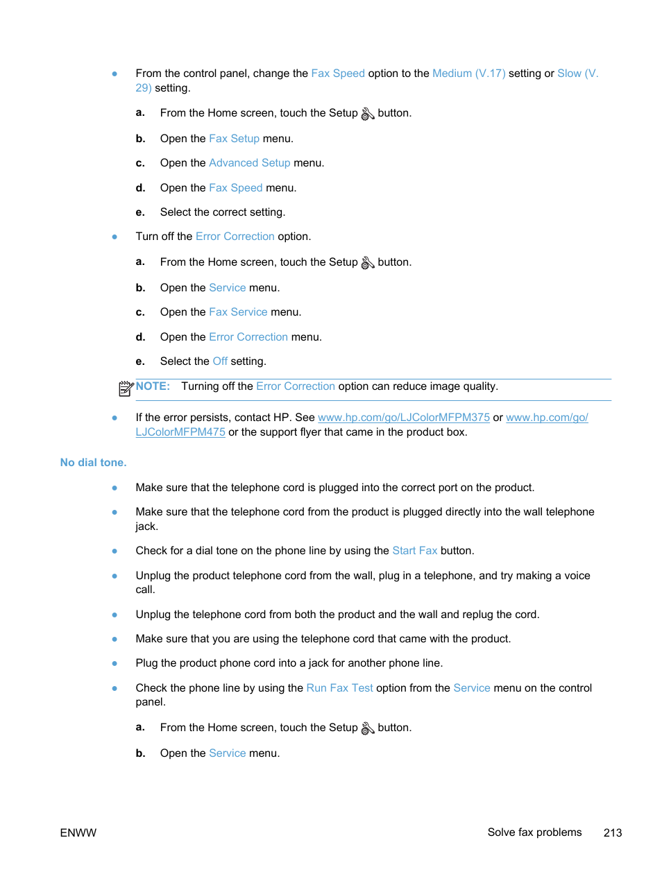 No dial tone | HP LaserJet Pro 300 Color MFP M375 User Manual | Page 229 / 344