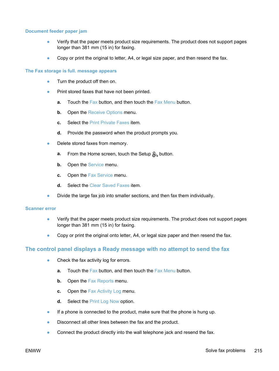 Document feeder paper jam, The fax storage is full. message appears, Scanner error | HP LaserJet Pro 300 Color MFP M375 User Manual | Page 231 / 344