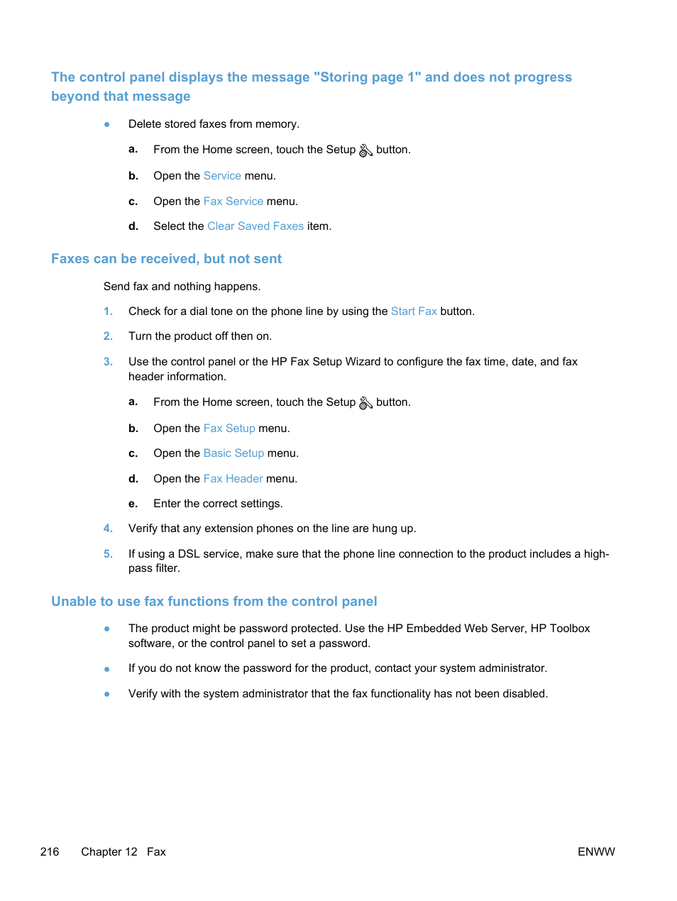 Faxes can be received, but not sent, Unable to use fax functions from the control panel | HP LaserJet Pro 300 Color MFP M375 User Manual | Page 232 / 344