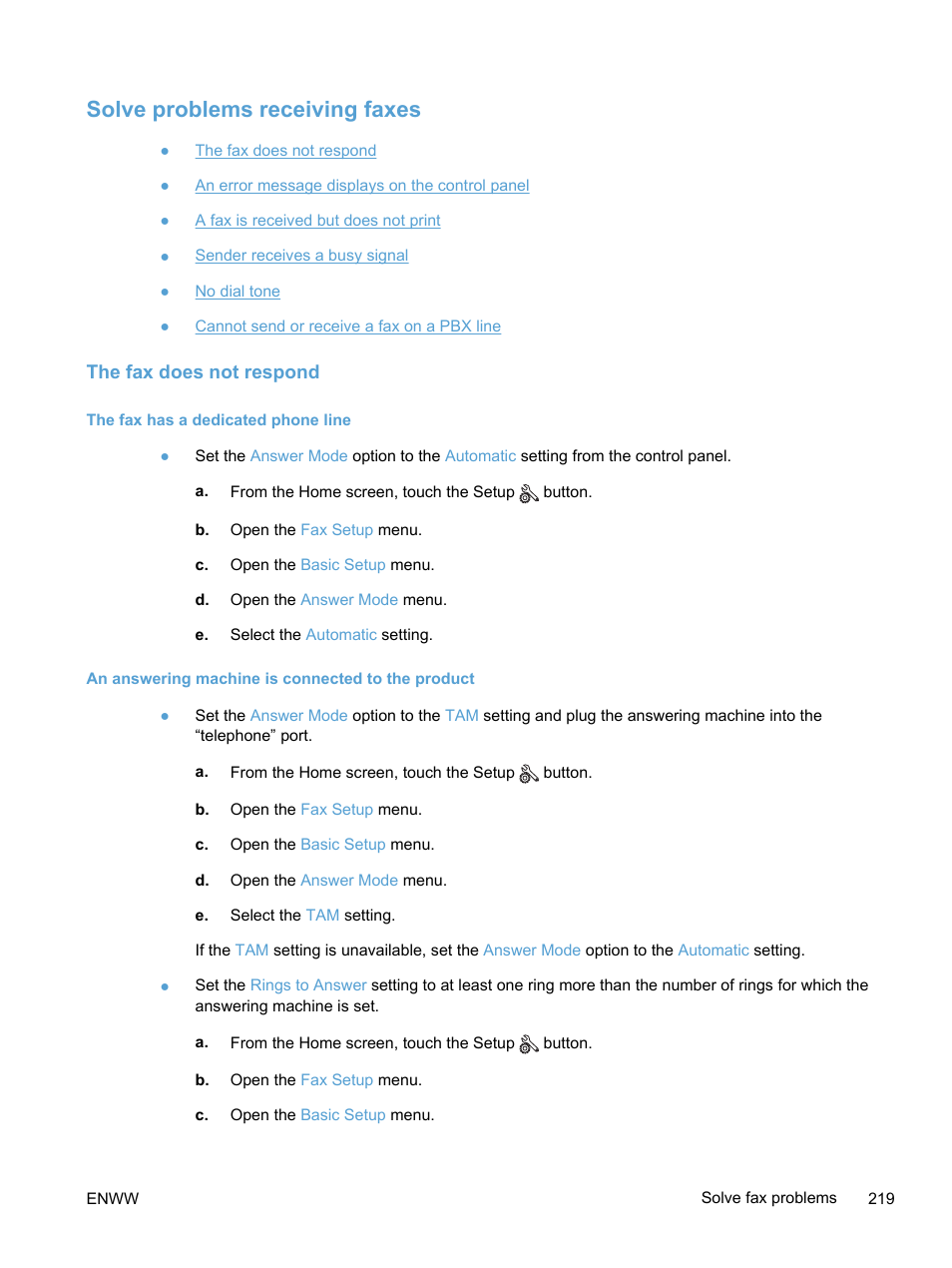 Solve problems receiving faxes, The fax does not respond, The fax has a dedicated phone line | An answering machine is connected to the product | HP LaserJet Pro 300 Color MFP M375 User Manual | Page 235 / 344