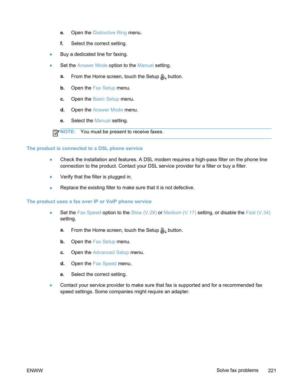 The product is connected to a dsl phone service | HP LaserJet Pro 300 Color MFP M375 User Manual | Page 237 / 344