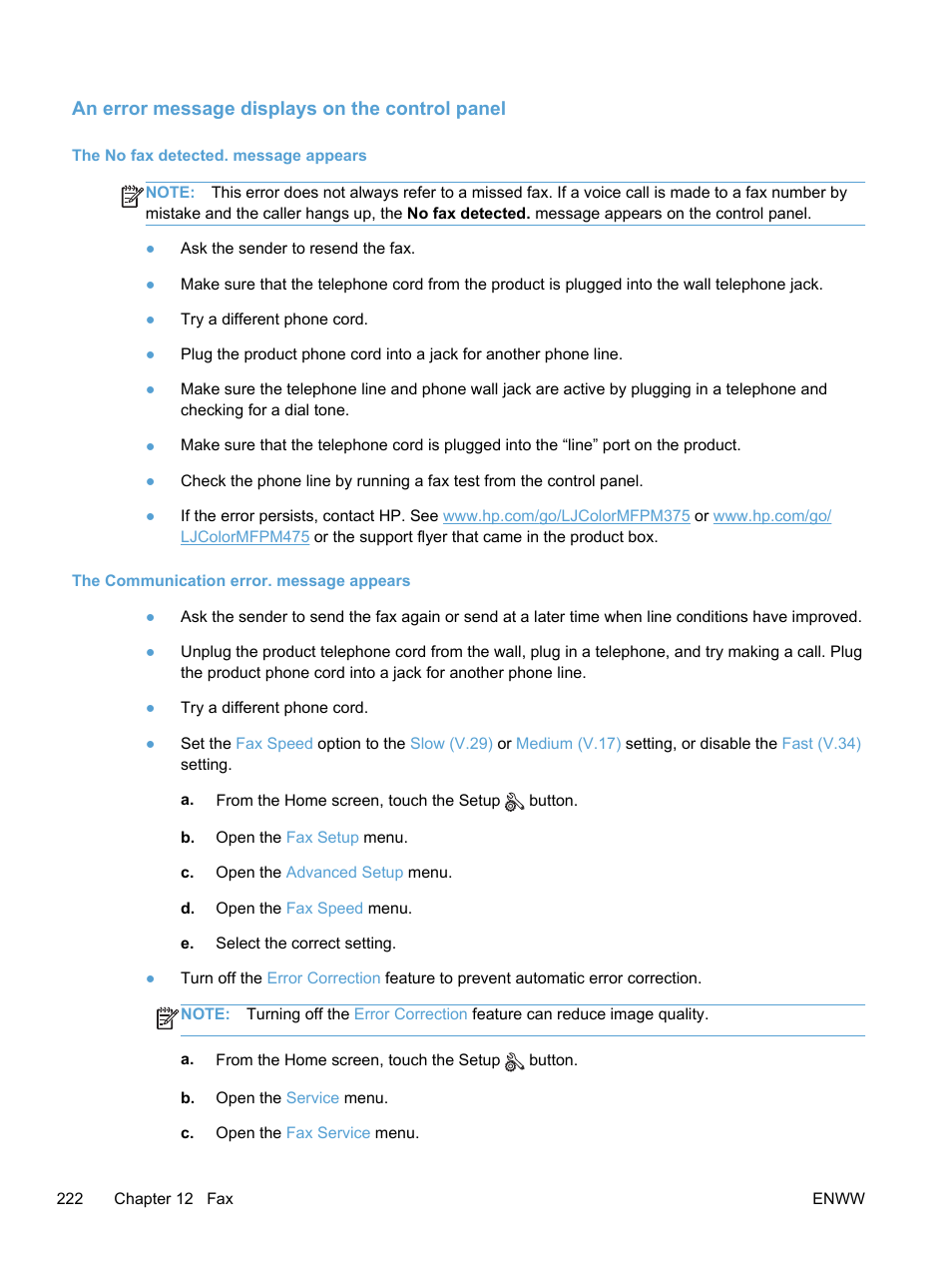 An error message displays on the control panel, The no fax detected. message appears, The communication error. message appears | HP LaserJet Pro 300 Color MFP M375 User Manual | Page 238 / 344