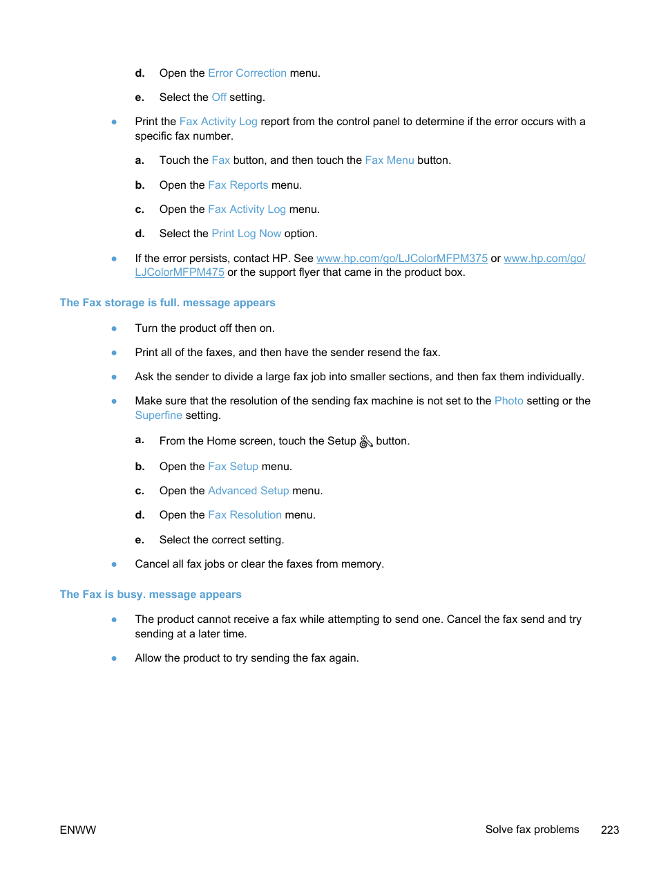 The fax storage is full. message appears, The fax is busy. message appears | HP LaserJet Pro 300 Color MFP M375 User Manual | Page 239 / 344