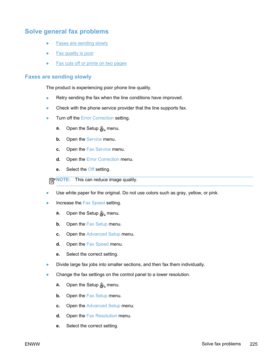 Solve general fax problems, Faxes are sending slowly | HP LaserJet Pro 300 Color MFP M375 User Manual | Page 241 / 344