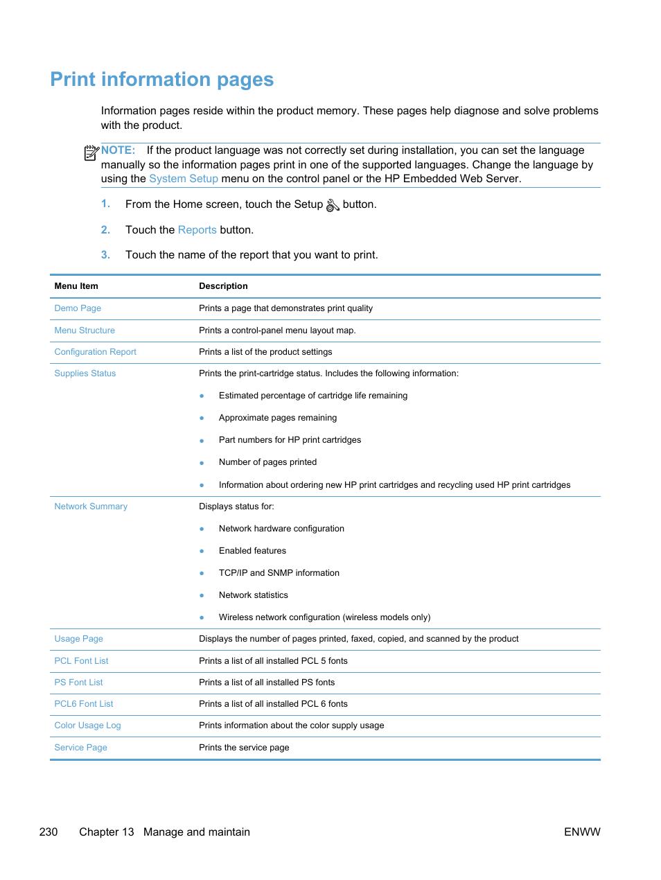 Print information pages | HP LaserJet Pro 300 Color MFP M375 User Manual | Page 246 / 344