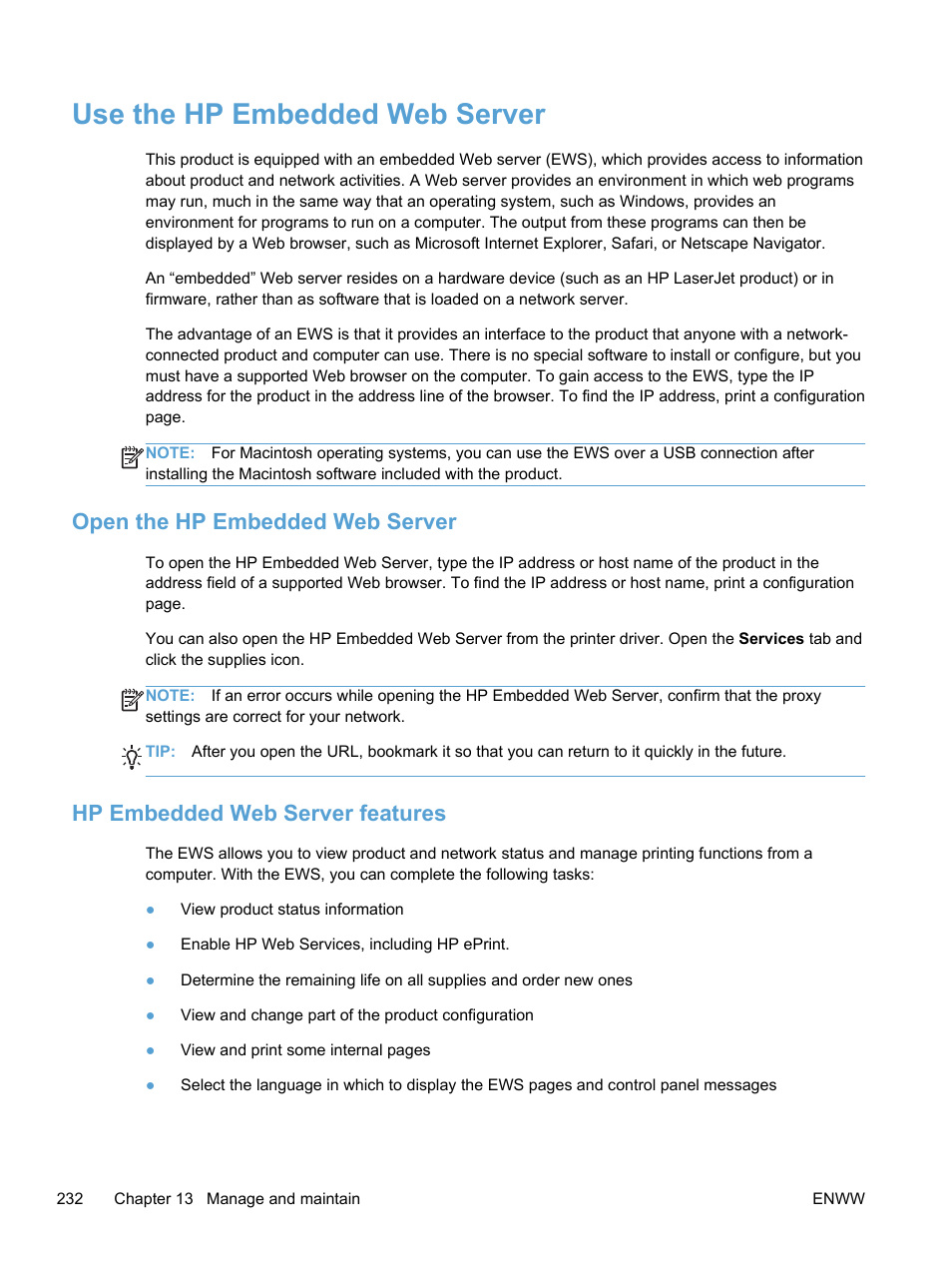 Use the hp embedded web server, Open the hp embedded web server, Hp embedded web server features | HP LaserJet Pro 300 Color MFP M375 User Manual | Page 248 / 344